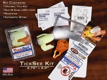 TickSee Tick Removal Kit contains all you need to find and remove embedded ticks safely and effectively without the use of pesticides or other chemicals. The kit contains one Original Tick Key Tick Remover tool, one Glo-N-Dark, wearable LED Flashlight, Magnifier, four (4) alcohol swabs, and instructions for use. 