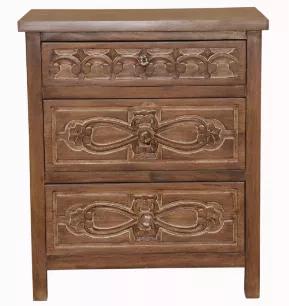 Our hand crafted natural mango wood nightstand is a true treasure! With the most elegant hand-carved pattern across all three of its drawer fronts, this storage cabinet is ideal as a night stand or as a cabinet in any room. There is plenty of space up top for your favorite lamp, and all your essentials in its three spacious drawers. 
