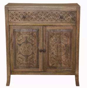 Our hand crafted natural mango wood 2-door cabinet is a true treasure! With the most elegant hand-carved pattern across both its doors, this storage cabinet is ideal for adding that extra delicate beauty to any room, home or office. So go ahead - show off your book collection or your favorite planters on top and tuck away your valuables below in the discrete cabinet space below.
