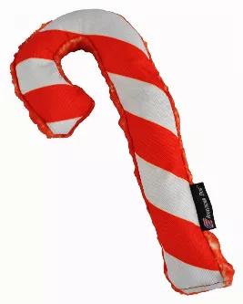 What can make a tail wag? Can give your dog something to do? What can float in water – and can squeak too?  The Candy Cane can!  The Candy Cane can!<br>
Made from 1000D Cordura and super soft fleece backing – part of our hybrid line<br>
Squeaks<br>
Floats!