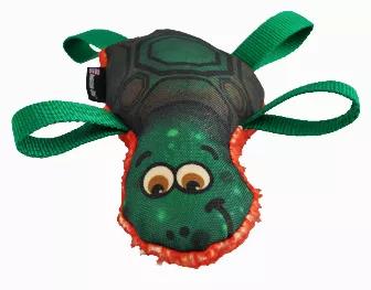 Shell-ebrate your dog’s love of fun with a new friend - Tough as shell!<br>
Tommy Turtle is a flyer and a tug!<br>
Made from 1000D Nylon and a soft Minky fleece  back– part of our hybrid line<br>
Squeaks<br>
Shell 5 1/4" wide, flipper to flipper 8 1/2", head to tail 9"