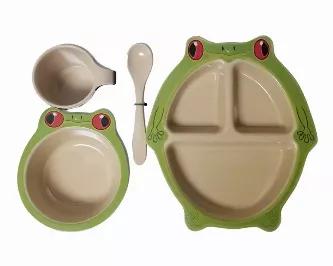 This FrogThemed Dining Set is made from 100% Recycled Rice Husk. Through our recycling process, Rice husks are transformed into natural and eco-friendly dining ware. This Set Stacks & Fit together perfectly into a convenient egg shape that fits perfectly inside the carrying case for easy storage. FDA Certified, Microwavable up to three minutes, & is 100% dishwasher safe! Includes Sectioned Frog Plate, Frog Bowl, Frog Cup, Spoon, and Suction Cup that attaches to any of the tableware in the set