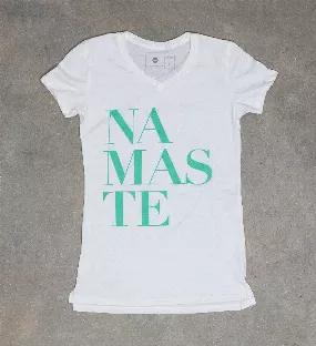 <p>With enough stretch for comfortable working out, you're going to love wearing this tee to yoga practice or around town.</p><p>The Sanskrit word NAMASTE translates to the light in me recognizes the light in you,"  a beautiful sentiment to offer someone.</p><h6>Description</h6><ul><li>V-neck, slender fit, hem with side slits</li><li>Cotton/poly/rayon blend</li><li>Small, Medium, Large, X-Large</li><li>Designed and made in San Francisco</li></ul><p>We use color to infuse objects with the meaning