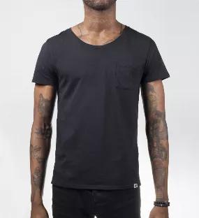 <p>This black wide neck T-shirt with a pocket is a great addition to your casual closet. Cut from soft premium cotton and garment washed, it is designed for an easy and relaxed fit.</p><p>This Tee features an elegant and minimalistic print on the back -- our signature 7-sided form in Vitality Red. The "septagon" is our modern representation of the chakra system.</p><p> A No 1? geometric emblem in light grey is printed on the sleeve to represent your intention to live a balanced and healthy life.