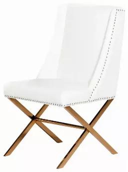 Length: 25 Width: 21 Height: 37 Provide yourself with a something both beautiful and superbly practical with this dining chair. This dining chair is an expertly made piece with a white leatherette upholstery and rosegold steel legs. Its certainly both sturdy and durable. As for measurements, they are 37 for height, 21 for width, and 25 for depth, and it weighs 22.6 pounds. This dining chair can be a great addition to your home and will improve its ambiance immensely. If you want a functional, go