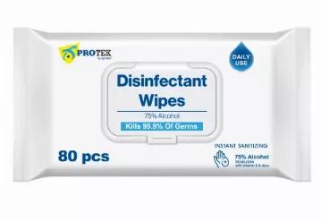 Product packaging may vary from the picture shown due to availability. Substitutions may occur with equivalent or better products.<br> Disinfectant wipes provide hygiene and sterilization for home, office, and more. Keep a pack of wipes at your desk to disinfect your keyboard, mouse, and doorknobs. ProTek's disinfectant wipes are made with Vitamin E & Aloe so they're moisturizing for your hands too!<br> Product Features:<br> <li> 80 anti-bacterial wet wipes in pack with convenient lid that retai