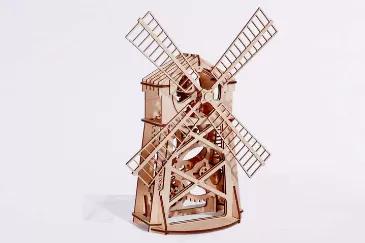 3D wood mechanical puzzle of laser-cut wood pieces that snap together without glue to build a 3D model.  Build, play and display. The Windmill spins around nd around.  STEM and building activity.  Kit contains 76 pieces and detailed instructions.<br>
The Mill is one of WoodTricks most enduring and popular designs due to its beautiful design that makes it perfect for display anywhere in the home. The sails on the Mill actually spin, creating a piece that is sure to draw the attention of guests. T