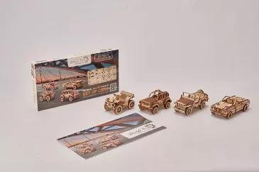 3D wood mechanical puzzle of laser-cut wood pieces that snap together without glue to build a 3D model.  Build, play and display. The Set of Cars includes a Jeep, Safari Car, Cabriolet and ATV.  STEM and building activity.  Kit contains 338 pieces and detailed instructions.<br>
The set of cars includes the models already loved by our dear customers: a safari jeep, a cabriolet, an ATV and a jeep. This set will be an excellent addition to the car trailer or an independent set that your child can p