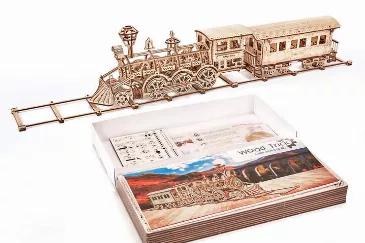 3D wood mechanical puzzle of laser-cut wood pieces that snap together without glue to build a 3D model.  Build, play and display.  The locomotive has a wind up so you can make it go!  STEM and building activity.  Kit contains 405 pieces and detailed instructions.<br>
Without any doubt, every child, be it a boy or a girl, dreams of getting a railway with a locomotive and trailers. Together with the company “Wood Trick" you can do it! Just imagine how your children will be happy, having received