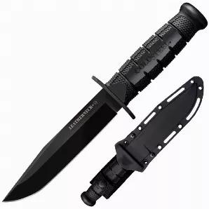 The Leatherneck-SF (for Semper-Fi) has a beautiful hand honed saber ground clip point blade. Made from tough D2 Tool Steel with a non-reflective black powder coat finish. To keep the user's fingers from sliding forward onto their keen edge, the Leathernecks come with a solid steel double quillon guard.