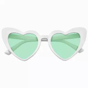 <p>Adorable and cute, heart shaped cat eye sunglasses are sassy and sweet all at the same time. Stay fun and flirty all festival long in these super cute hippie heart sunnies!. Add a pop of color to any look with these vibrant color lens sunglasses. Wear them outdoors for a day in the city or music festival weekend. These heart-shaped colored color tinted lenses add a pop of life, with a sleek white cat eye heart shape. This item features metal hinges, nose-piece, and polycarbonate 100% UV high 