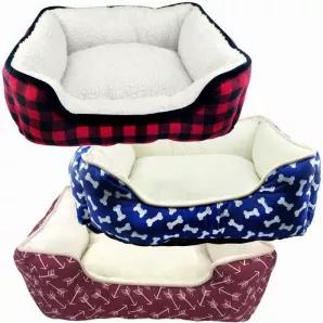 Ultra cozy bumper-style beds with dense cushioning and cuddly soft sherpa provides supreme comfort. Available in three prints. Measures 20"L x 16"W x 7.5"H