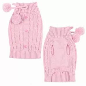Pretty in pink! This adorable sweater features a beautiful cable knit pattern accented with pink, sewn-on buttons and flirty pompom tie strings at the fold over turtleneck. <br> X-Small measures 10" in length<br> Small measures 12" in length<br> Medium measures 16" in length<br> Large measures 20" in length<br> X-Large measures 24" in length<br>