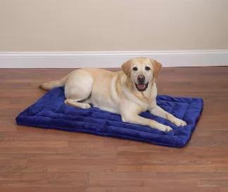 In or out of crates, pets will love the warm and cozy feel of the Slumber Pet Plush Dog Mat, high-quality dog crate mats that provide warmth and comfort when it's time to nap. Mix and match sizes and colors for quantity discounts. Material: Double-sided plush fur Polyfiber batting. Color: Gray and Royal Blue. Care: Machine wash/dry, low temperatures.Bed: When dog is laying down, measure pet's body length from base of tail to tip of nose, and add a minimum of 9"-12". For bolster or cuddler style 