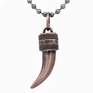 Put your mental strength on display with the Tribal wolf tooth in copper plating necklace. Made of stainless steel, the CopperTribal wolf tooth Beaded necklace features a copper-plated tooth with a couple of brown leather rings at its base with the True N' Raven brand engraved on steel. Complete with a stainless steel, beaded chain, the Copper tooth Beaded necklace is a strong addition to your ensemble. Pendant made of stainless steel with copper plating Square Lobster Clasp Pendant Size: W: 0.5
