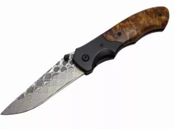 Cool pocket knife with a VG10 core Damascus blade with double black thumb stud. Bolsters are black stainless and scales are beautiful burl. Good lockup and seating. Smooth action.