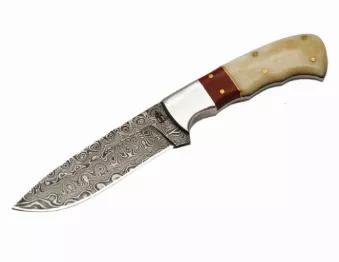 This hunter has a drop point damascus blade with filework on the blade and full tang construction. The bolster is stainless steel with Red Micarta & Bone handle with brass pins. Includes leather sheath with belt loop 