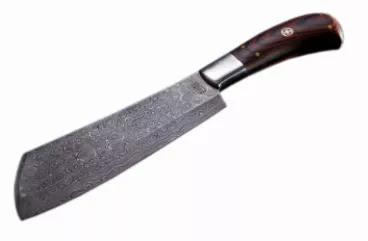 This cleaver style fixed blade utility knife is made of rain drop pattern Damascus 1095 & 15n20 (HRC 58-60). The knife has full tang construction. The bolster is stainless steel with brass spacer behind. Handle is red and black layered G10 with mosaic pin. Comes with leather sheath featuring a two snap top flap as well as a handle strap.