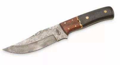 This clip point hunter has a Damascus blade with full tang construction. Blade is 3/16" thick and 1 1/4" deep. Filework on thumbrest. Bolster is walnut and handle is G10 with brass pins. Fileworked brass spacer. Comes with leather sheath.
