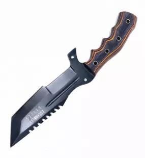 This sharp looking outdoors-man knife has a 440C Stainless Steel blade with full tang construction. Blade is 3/32" thick and 1 3/8" deep. Notching and filework on spine sawing and smoothing. The handle is Maple Burl wood with brass pins. Includes leather sheath with belt loop for a horizontal carry.