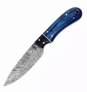 This new drop point Utility/Hunter has a Damascus blade with full tang construction. The blade is 3/16" thick and 1 1/8" deep. The handle is lovely dyed blue maple burl with a blue/black micarta bolster. the handle is finished off by Brass pins and accent spacer. This knife Includes leather sheath with belt loop.