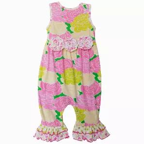 <p>AnnLoren Blooming Floral Romper. Features Vibrant and Soft Pink and Green Big Bouquet Flower print. Sleeveless romper with snap closures behind neckline and crotch. 3 coordinating rose appliques at the waist. Finished with 2 gathered ruffles at ankles. Made with Soft and Stretchy 95% Egyptian Cotton 5% Spandex Knit. Machine Washable.</p>

