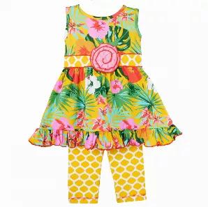 <p>AnnLoren Hawaiian Hibiscus Floral Dress and Capri Legging Outfit. Vibrant floral printed stretch knit dress with yellow snake skin inspired printed sash and Capri leggings. Pink Rose applique at waist on dress. Elastic waistband for a perfect fit. 95% Egyptian Cotton 5% Spandex, Machine washable.</p>
