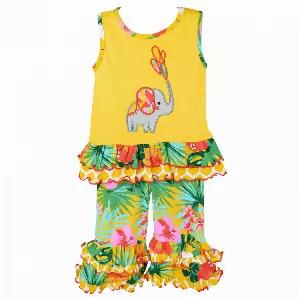 <p>AnnLoren Tropical Hibiscus Elephant Outfit. Yellow Tunic with Elephant applique with embroidered stitching. Finished with 2 coordinating ruffles. Vibrant Hibiscus Floral ruffled Capri pants. Yellow and White snake skin inspired printed ruffle trim on Pants and Shirt. Elastic waistband for a perfect fit. 95% Egyptian Cotton 5% Spandex, Machine washable.</p>
