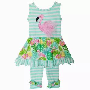<p>AnnLoren Beautiful Flamingo Outfit. Trendy Tropical Flamingos, Palms and Floral printed dress with coordinating Blue and White Stripes. Pink Flamingo Applique with Tulle Feathers. Striped Capri's finished with diagonal ruffle trim. Elastic waistband for a perfect fit. Knit Stretch 95% Egyptian Cotton 5% Spandex, Machine washable.</p>
