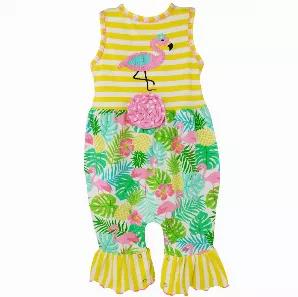 <p>AnnLoren Tropical Summer Flamingo Romper. Features Yellow Stripes and Flamingo and Palm tree print. Pink Flamingo embroidered applique. Sleeveless romper with snap closures behind neckline and crotch. Pink Polka Dot Rose applique at the waist. Finished with gathered yellow Striped ruffles at ankles. Made with Soft and Stretchy 95% Egyptian Cotton 5% Spandex Knit. Machine Washable.</p>
