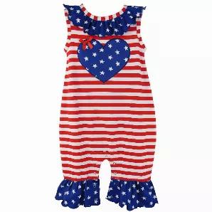 <p>AnnLoren Fourth of July Baby Girls' Romper. Features Red and White Stripes cotton knit. Blue with white star printed Heart Applique, Red bow. Blue Star ruffled neckline. Sleeveless romper with snap closures behind neckline and crotch. Finished with gathered ruffles at ankles. Made with Soft and Stretchy 95% Egyptian Cotton 5% Spandex Knit. Machine Washable. Perfect for the Summer Holidays and days on the Beach!</p>
