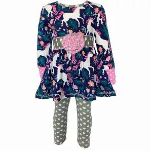 <p>Unique Unicorn print designed exclusively for AnnLoren. Unicorn Dress with grey polka dot wrap around belt with flower on waist. Polka dot fabric on neckline and sleeves. Polka dot leggings with elastic. Waistband for perfect fit. Soft superior 95% Cotton/5% Spandex stretch Egyptian cotton. Machine washable.</p>
