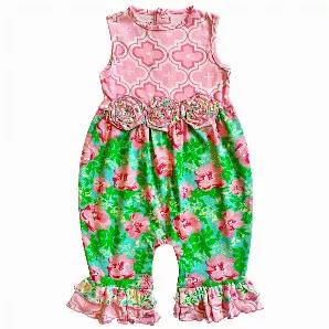 <p>AnnLoren Spring Easter Baby Girls Romper. Features Original Pink and Green Floral and Arabesque prints. Rose flower at waist. Sleeveless romper with snap closures behind neckline. Snaps at inseam for easy changing and dressing. Finished with 2 gathered floral ruffles at ankles. The 95% high quality Egyptian cotton and 5% stretchy lycra fabric is SUPER soft and comfortable. Premium dye's ensure that your outfit won't fade or run. Machine Washable.</p>
