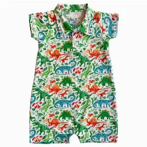<p>AnnLoren Dinosaur Boys One Piece Shorts Romper. Original Dinosaur fabric with collar and 2 buttons in front. Snaps at inseam for easy changing and dressing. The 95% high quality Egyptian cotton and 5% stretchy lycra fabric is SUPER soft and comfortable. Premium dye's ensure that your outfit won't fade or run. Machine Washable.</p>
