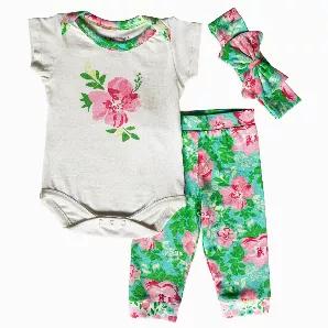 <p>3 piece Floral Layette Gift Set features a one-piece bodysuit with diaper button fastenings for easy diaper changing and a matching pair of joggers/pants with Headband/Bow. The top features a beautiful Fllower silk screen appliqu?(C). The fabric is an original AnnLoren design. The 95% high quality Egyptian cotton and 5% stretchy lycra fabric is SUPER soft and comfortable. Premium dye's ensure that your outfit won't fade or run. Machine Washable.</p>
