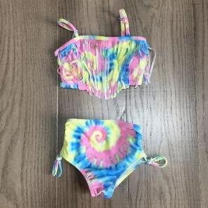 <p>2 piece Girls Tankini Bathing suit. Features Pastel Swirl Tie Dye print Fringe Tankini top. Spaghetti strap Tank an High waisted  bathing suit bottom.</p>
<p>Hand Wash, Hang Dry and Do Not Bleach.<br></p>
<p>AL Limited.. The same great quality from AnnLoren, offered for a limited time.</p>