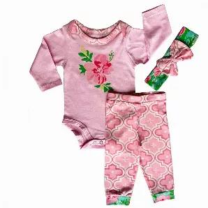 <p>3 piece Floral Arabesque Layette Gift Set features a one-piece bodysuit with diaper button fastenings for easy diaper changing and a matching pair of joggers/pants with Headband/Bow. The top features a beautiful silk screen appliqu?(C). The fabric is an original AnnLoren design. The 95% high quality Egyptian cotton and 5% stretchy lycra fabric is soft and comfortable. Premium dye's ensure that your outfit won't fade or run. Machine Washable.</p>