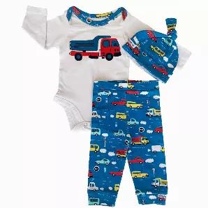 <p>3 piece Automobile Layette Gift Set features a one-piece bodysuit with diaper button fastenings for easy diaper changing and a matching pair of joggers/pants with Head Cap. The top features an adorable Truck silk screen appliqu?(C). The fabric is an original AnnLoren design. The 95% high quality Egyptian cotton and 5% stretchy lycra fabric is SUPER soft and comfortable. Premium dye's ensure that your outfit won't fade or run. Machine Washable.</p>