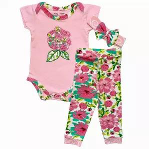 <p>3 piece Floral Layette Gift Set features a one-piece bodysuit with diaper button fastenings for easy diaper changing and a matching pair of joggers/pants with Headband/Bow. The top features a beautiful floral appliqu?(C). The fabric is an original AnnLoren design. The 95% high quality Egyptian cotton and 5% stretchy lycra fabric is soft and comfortable. Premium dye's ensure that your outfit won't fade or run. Machine Washable.</p>
<p>Perfect Baby Shower Gift!</p>