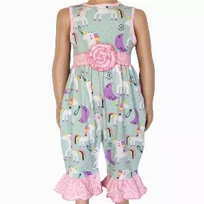 <p>AnnLoren Magical Unicorns and Rainbow Baby Girls Romper. Features Original Unicorn print straight from Fairy Land. This will certainly be a favorite. Light Blue/Grey background and all the colors of the rainbow. Rose applique at waist. Sleeveless romper with snap closures behind neckline and crotch. Finished with gathered Pink Swirl ruffles at ankles. Made with Soft and Stretchy 95% Egyptian Cotton 5% Spandex Knit. Machine Washable.</p>