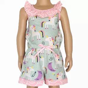 <p>AnnLoren perfect fashion forward big girl tween and little girls style jumpsuit. Trendy and comfortable rompers with POCKETS for any season and occasion. Original Magical Girls Unicorns and Rainbows print. Large Pink Swirl Ruffle trimmed neckline. Criss Cross stretchy straps in the back.Rainbow trim on shorts. Elastic waist line with bow at center. Very flattering and comfortable. Can be dressed up or for a casual day. This will sure to be a favorite! Made with 95% Egyptian Cotton 5% Lycra st