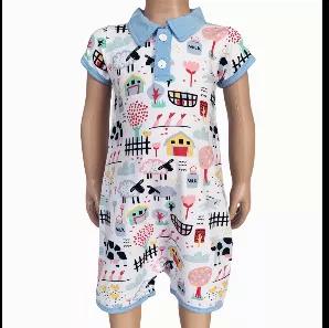<p>AnnLoren Boys One Piece Short Sleeve Romper. Fun Farm Animal Print with blue collar and 2 buttons in front. Snaps at inseam for easy changing and dressing. The 95% high quality Egyptian cotton and 5% stretchy lycra fabric is soft and comfortable. Premium dye's ensure that your outfit won't fade or run. Machine Washable.</p>