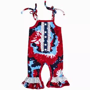 <p>AnnLoren Red White and Blue Tie Dye Romper. Features spaghetti straps that tie in bows on top of shoulders. Tuxedo star stripe with gathered eyelet trim. Gathered eyelet ruffle trim at ankle. Snap closures behind neckline and crotch. Made with Soft and Stretchy 97%  Cotton3% Spandex Knit. Machine Washable. </p>
<p>Perfect for 4th of July and all summer long.</p>