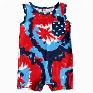 <p>AnnLoren Tie Dye Boys Tank Shorts Romper. Vibrant Red, White and Blue Tie Dye print. Blue with white stars pocket and trim. Snaps at inseam for easy changing and dressing. The 97% cotton and 3% stretchy lycra fabric is soft and comfortable. Premium dye's ensure that your outfit won't fade or run. Machine Washable.</p>
<p>Perfect for the 4th of July Holiday and all summer long.<br></p>