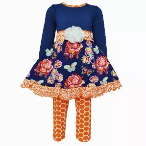 <p>AnnLoren Blue and Orange Autumn Floral Dress and Polka Dot Legging Outfit. Navy Blue long sleeve dress with vibrant floral skirt. Orange damask sash ties around waist. Adorned with a cream lace rose applique. Cream and Orange Polka Dot leggings. 95% Egyptian Cotton/5%Spandex</p>