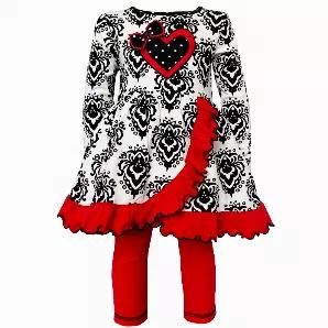 <p>AnnLoren Cream and Black Damask Knit Long Sleeve Cotton Tunic/Dress. Heart Patch applique. Red ruffle crossover ruffle trim. Red leggings with elastic waistband for a comfortable fit. Made with 95% Egyptian Cotton/5% Spandex stretch. and Machine Washable.</p>