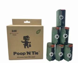 With our simple pull-to-close dog waste bags, just scoop, pull and tie and you're done! This poop bag works just like your drawstring kitchen garbage bag.<br>
 Our bags are big, thick, and biodegradable. The drawstring closure makes opening and closing them a snap!<br>
Poop 'N Tie bags are the only easy to open / easy to close bags on the market that come on a roll and work with a dispenser.<br>
Product Specifications:<br>
16 rolls with 15 drawstring bags each.<br>
Total of 240 drawstring bags<b