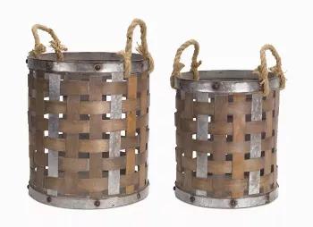 Galvanized metal Rope handles add extra texture Set of 2 Beautiful, wide strands of wood and galvanized metal in a woven design create these unique baskets. Rope handles add extra texture while bands of metal rim the tops and bottoms.