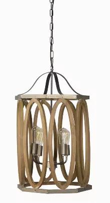 Provides maximum illumination  UL listed for indoor use only Uses four Max 40-Watt bulb (not included) A sophisticated blend of rustic textures, this 4-light pendant has it all. Four candle arms are surrounded with an shade made of oval wood rings set within the metal octagon framing.