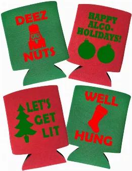 <p>Happy Holidays! These funny holiday can coolers are a must-have drinking accessory for your holiday party!<br /> There are 4 hilarious coolies included in this set, and the designs are printed on both sides:</p> <ol> <li>DEEZ NUTS with Nutcracker</li> <li>WELL HUNG with Stocking</li> <li>LET&#39;S GET LIT with Christmas Tree</li> <li>HAPPY ALCO-HOLIDAYS with Christmas Ornaments</li> </ol> <p>Show your festive side and provide these beer can coolers as a gift for your guests to keep their drin